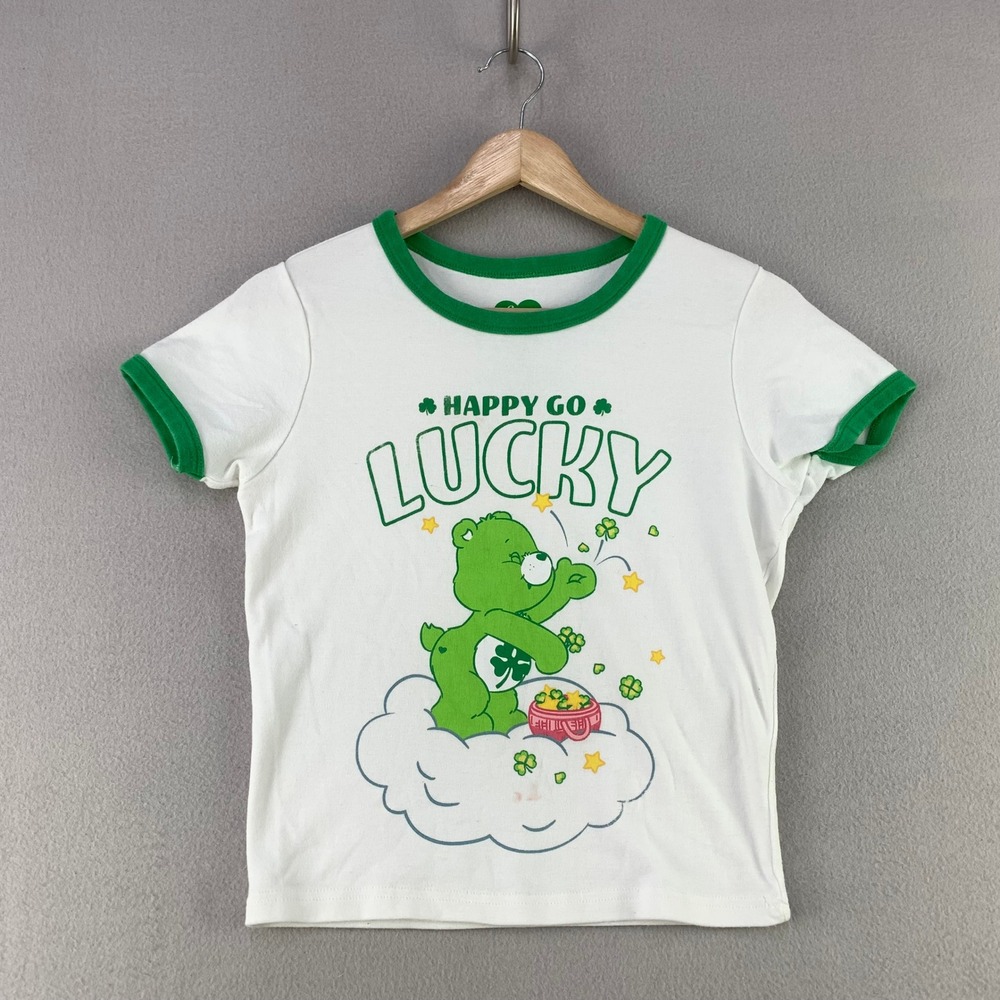 Care Bears Happy Go Lucky Ringer T-Shirt Women Medium White Green St Patricks